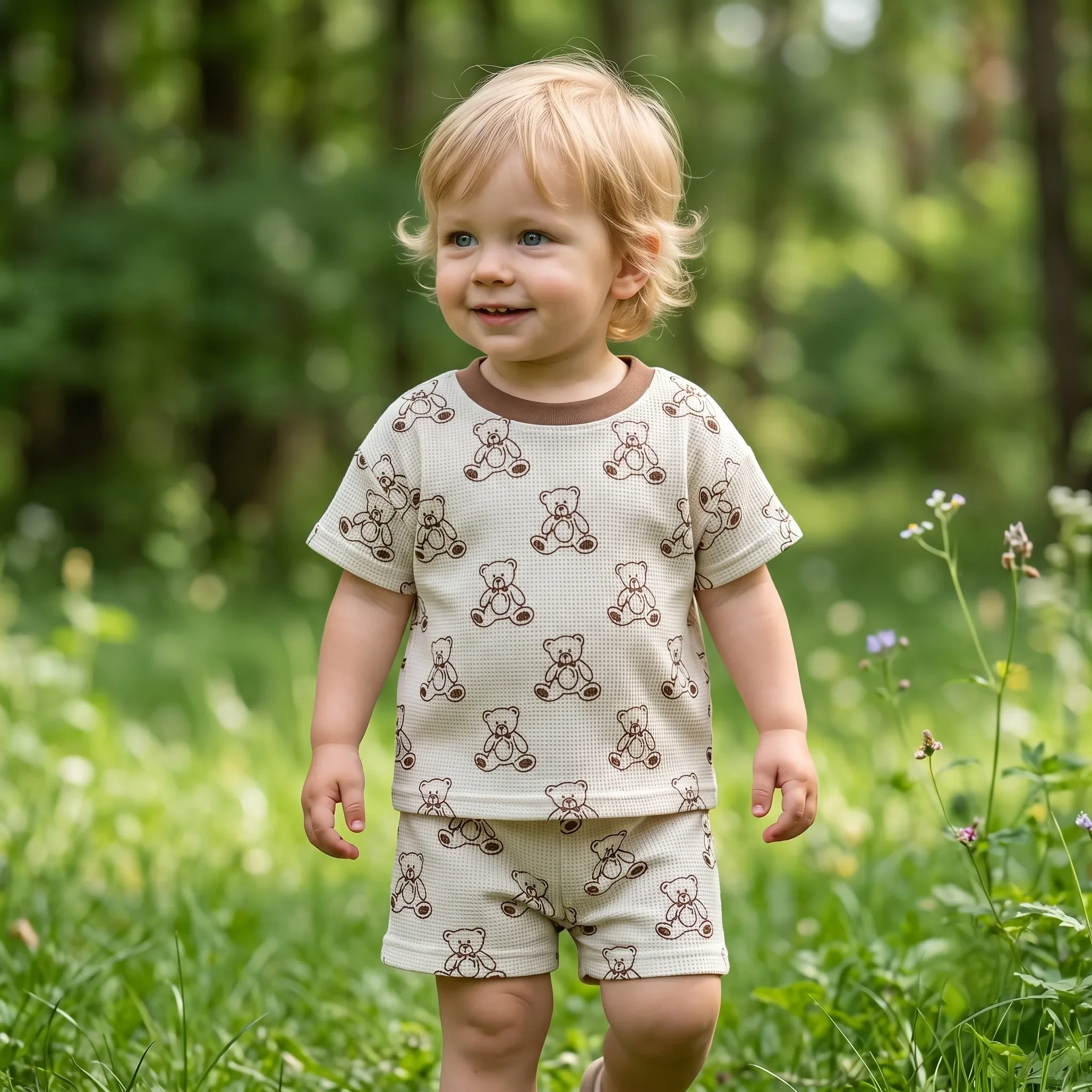 2-piece Baby Summer Cute Cartoon Bear Printed Short Sleeve Shorts Set for Boys and Girls Casual Comfortable T-shirt Shorts 0-3Y
