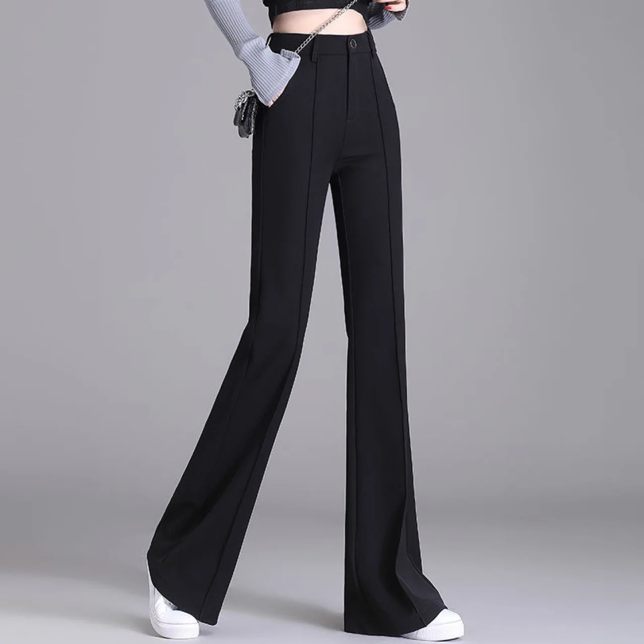 Pantaloni da abito casual elasticizzati e vestibilità slim a vita alta autunno e inverno 2025 da donna con velluto aggiunto e nero addensato