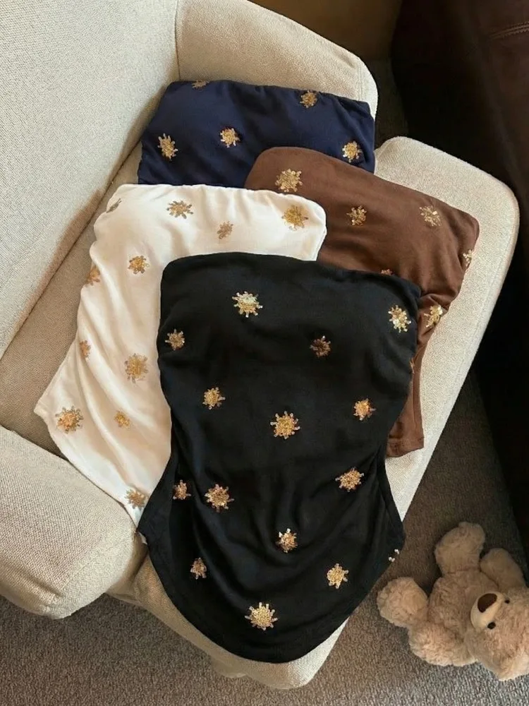 

Sexy Sparkling Tube Top Tank Women Summer Innerwear Outerwear with Chest Pad Slimming High-End Feeling Top Pure Desire Style