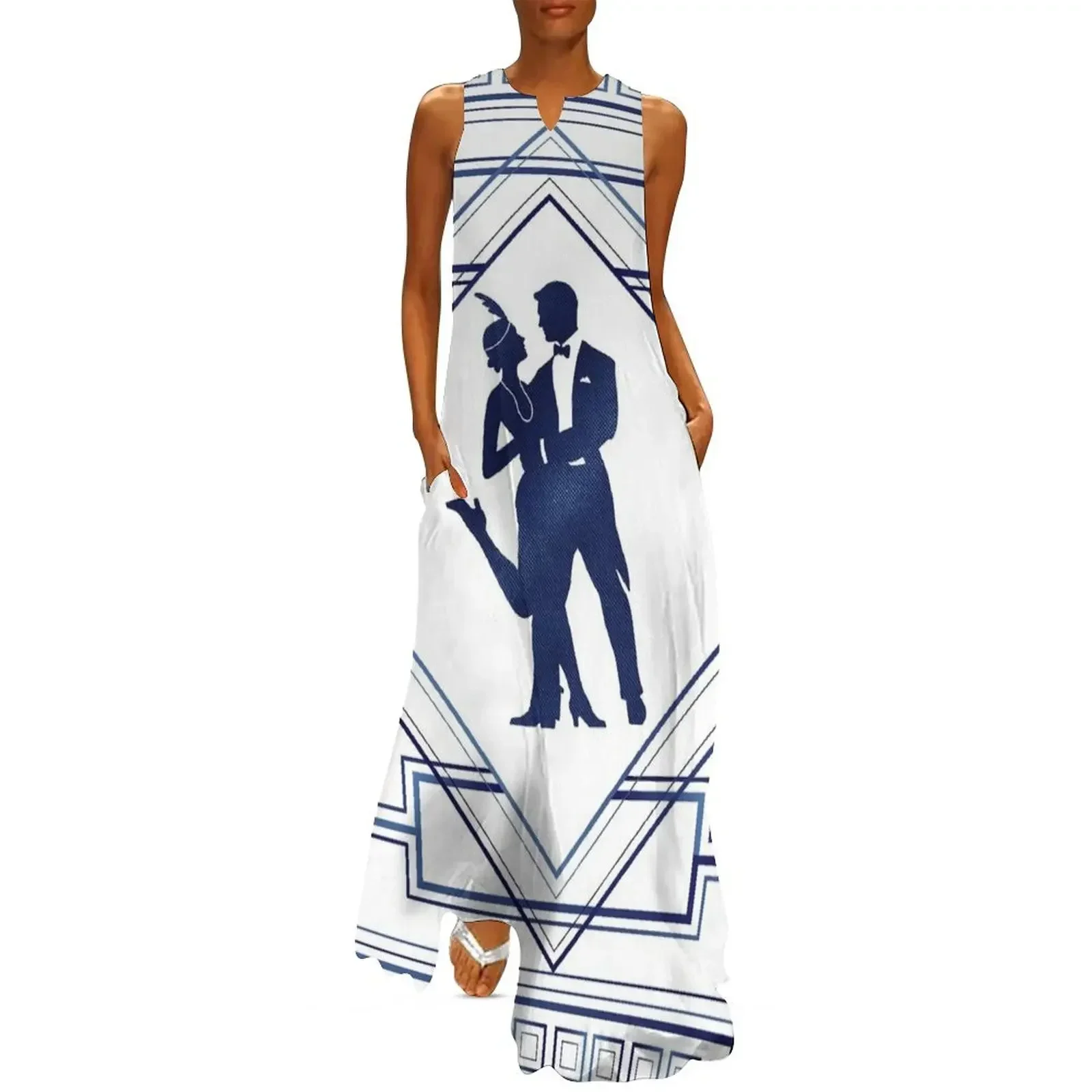 

Art Nouveau Deco dancers in white and blue Long Dress Female dress dress for woman bandage