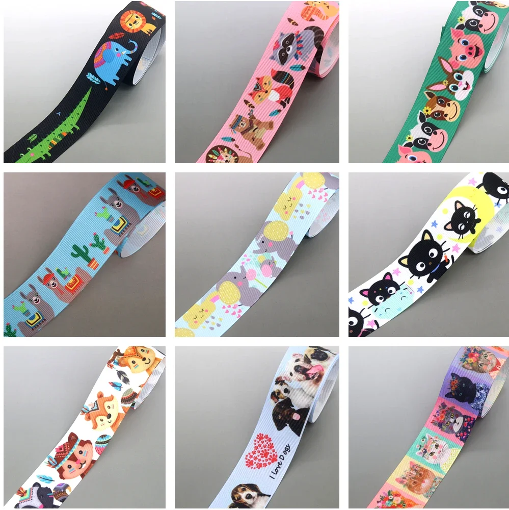 DHK 1.5'' 5yards Animal Cat Dog Fox Sloth Printed Grosgrain Ribbon Accessories Headwear Decoration Collar DIY Sewing Craft E2216