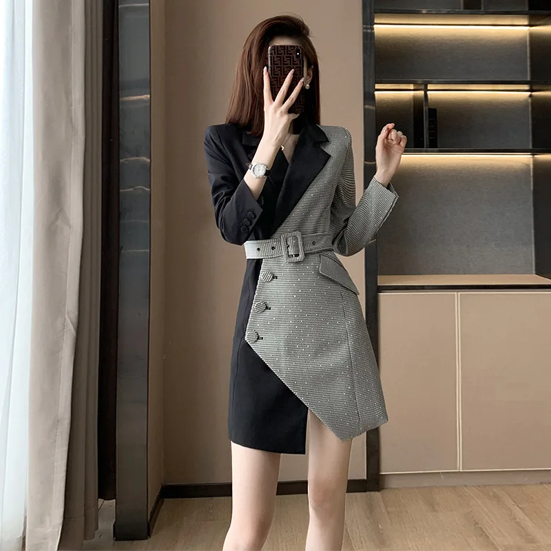 

2022 Autumn Women New Long-Sleeved OL Asymmetric High Waist Suit Collar Dress