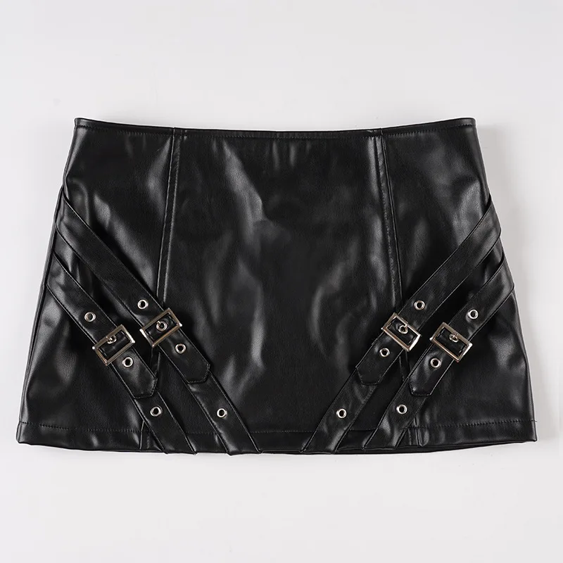 

Punk Style Fashion Metal Buckle Design Low Waist Pu Leather Skirt Nightclub Sexy Hip Wrap Mini Skirt