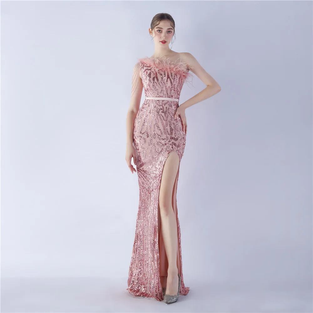 

New craft beaded ostrich feather slope-neck one-shoulder high-end Luxury sequined evening dress Shiny luxury dress Party dress