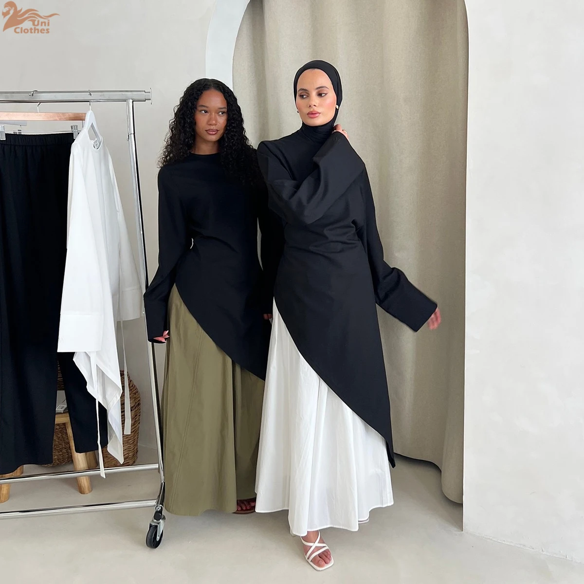 

Two-piece Muslim Outfit Set for Women Ramadan Arabic Modest Cardigan Elegant Dubai Abaya Dress Islamic Plain Top and Dress Suit