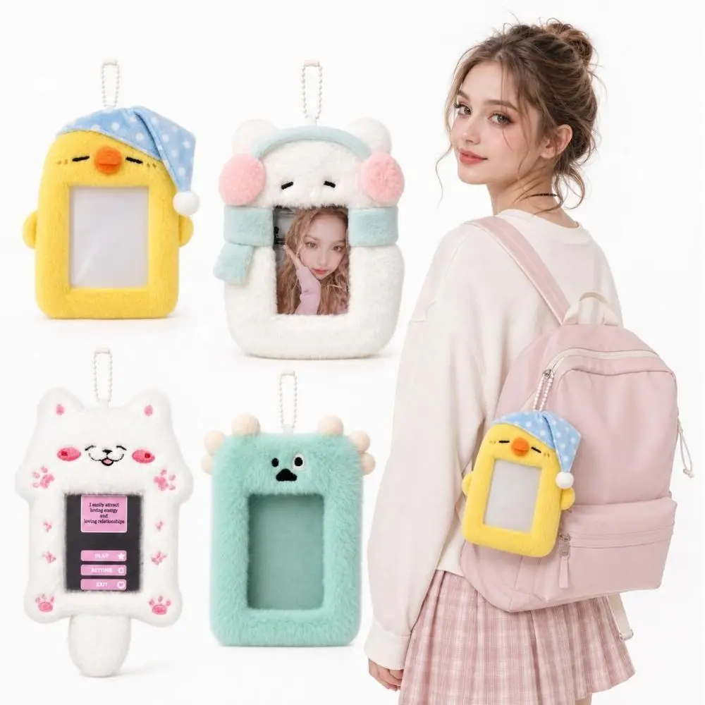 Headphone Cat/Chicken/Fox Photocard Case Cartoon Animals Bag Keychain Student Card Holder Soft Fluffy Photo Card Holder