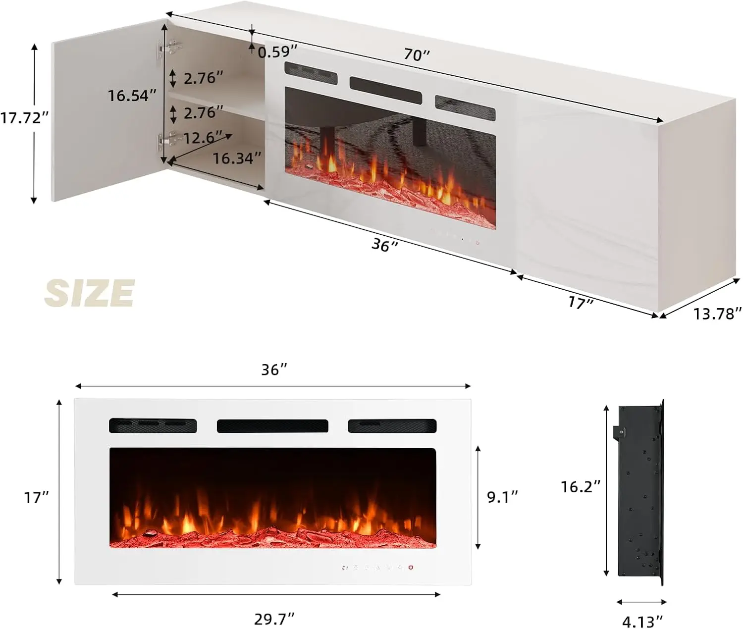 70'' Floating TV Stand with 36'' Electric Fireplace,High Gloss Finish Entertainment Center with 12 Flame Fireplace Insert Heater