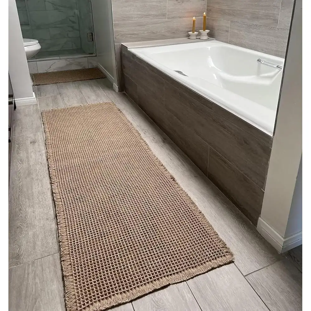 Super Absorbent Non-Slip Waffle Bath Mat Machine Washable Rubber Backed Bathroom Rugs with Tassels Soft Bathroom Decor Quick