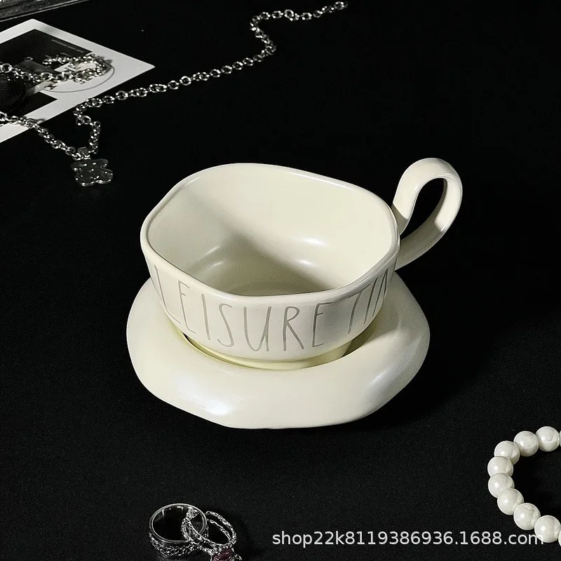 Pearlescent Mother Of Pearl Milk White Letter Pattern Light Luxury Vintage Ceramic Coffee Cup Saucer Set For Drip Coffee Gift