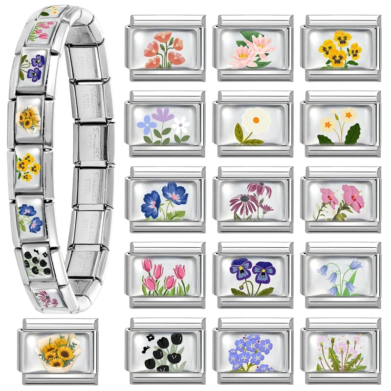 جديد المرأة الملونة الزهور ارتفع السحلية عباد الشمس توليب الإيطالية سحر الروابط صالح 9 مللي متر سوار الفولاذ المقاوم للصدأ DIY بها بنفسك صنع المجوهرات