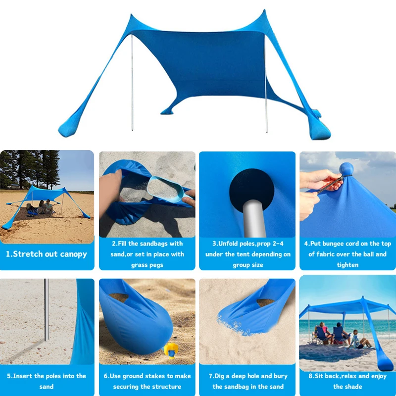 Family Beach Awning Ultralight Sun Shade Tent With Sandbag UPF50+ UV Large Portable Beach Canopy 300x300x200cm