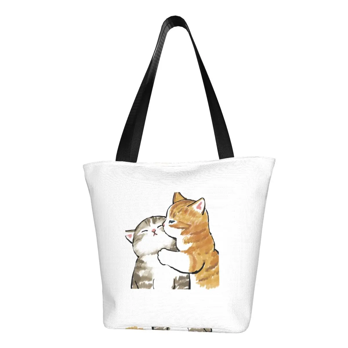 

Custom Funny Cats Kiss Shopping Canvas Bags Women Recycling Groceries Cartoon Kitten Animal Drawing Shopper Tote Bags