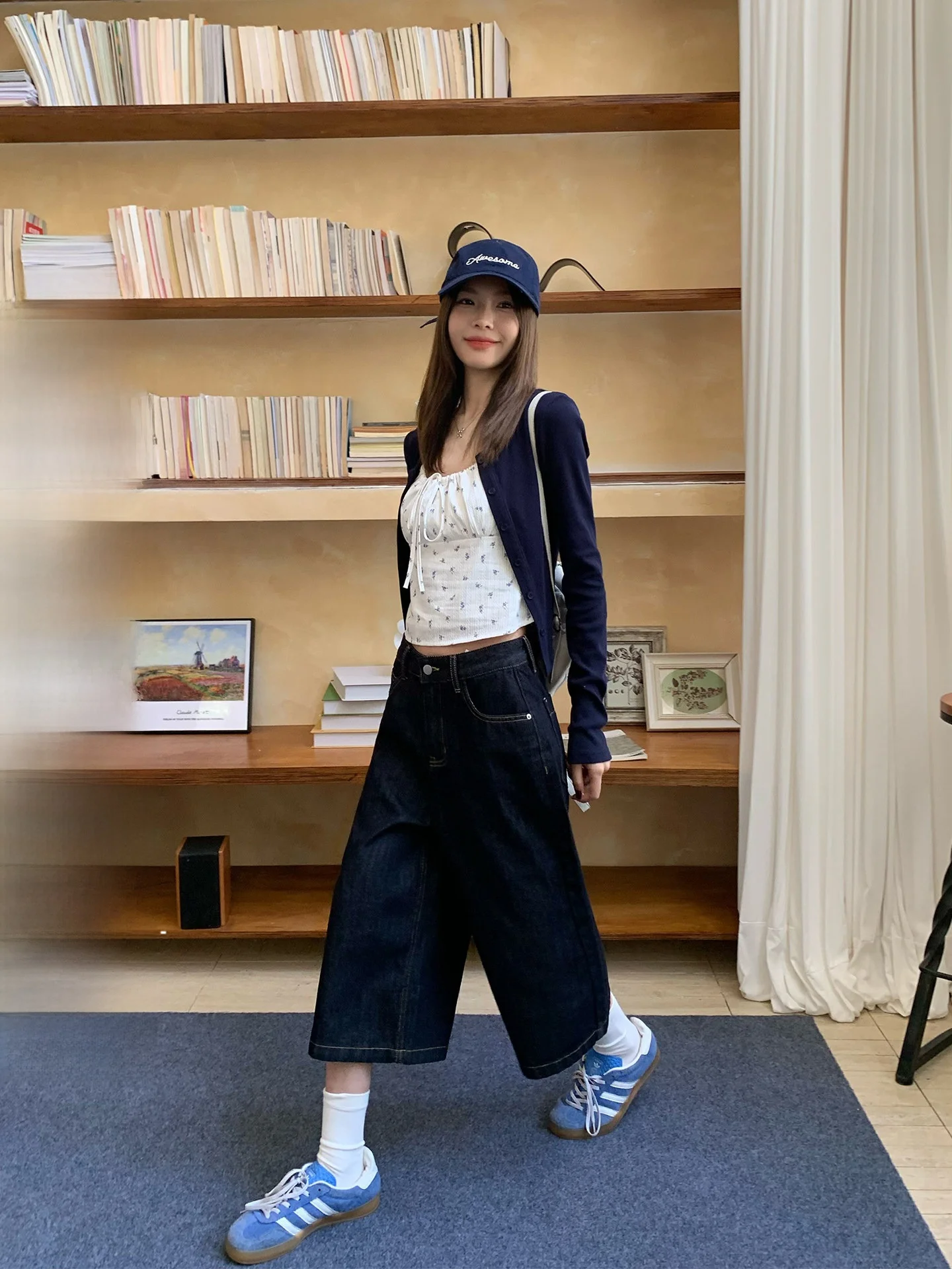 

Loose Fit Deep Blue Women's 7/8 Length Jeans Straight Leg Casual High Waist Summer New Style American Slimming Fashion