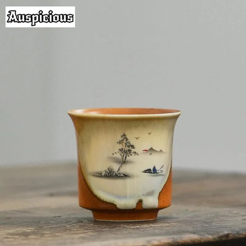 120ml Antique Soda Galze Ceramic Teacup Retro Ink River Fishing Master Cup Japanese Coarse Pottery Large Mug Kung Fu Teaset Gift