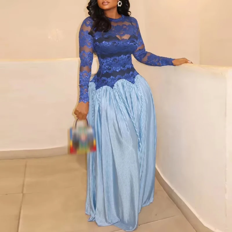 Sexy Transparentes Langarm-Frühlings-Sommer-Kleid Modisches Plissiertes Schlankes Kleid mit O-Ausschnitt und Spitzenbesatz Damen-Abendkleid