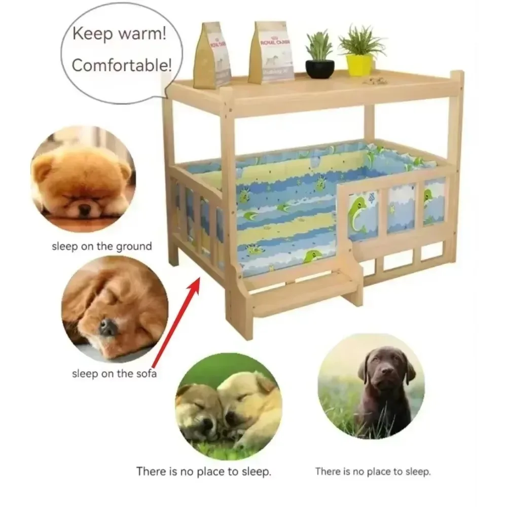 Wooden Dog Kennel Dog House Double Layer Solid Wood Above and Below The Ground Cat Bed,House Cat Kenne Detachable Pet Supplies