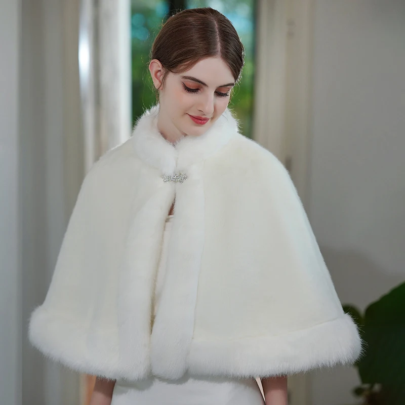 Wedding Bride Dress Accessories White Artificial Fur Shawl Shrugs faux fur coat for Women's Elegance