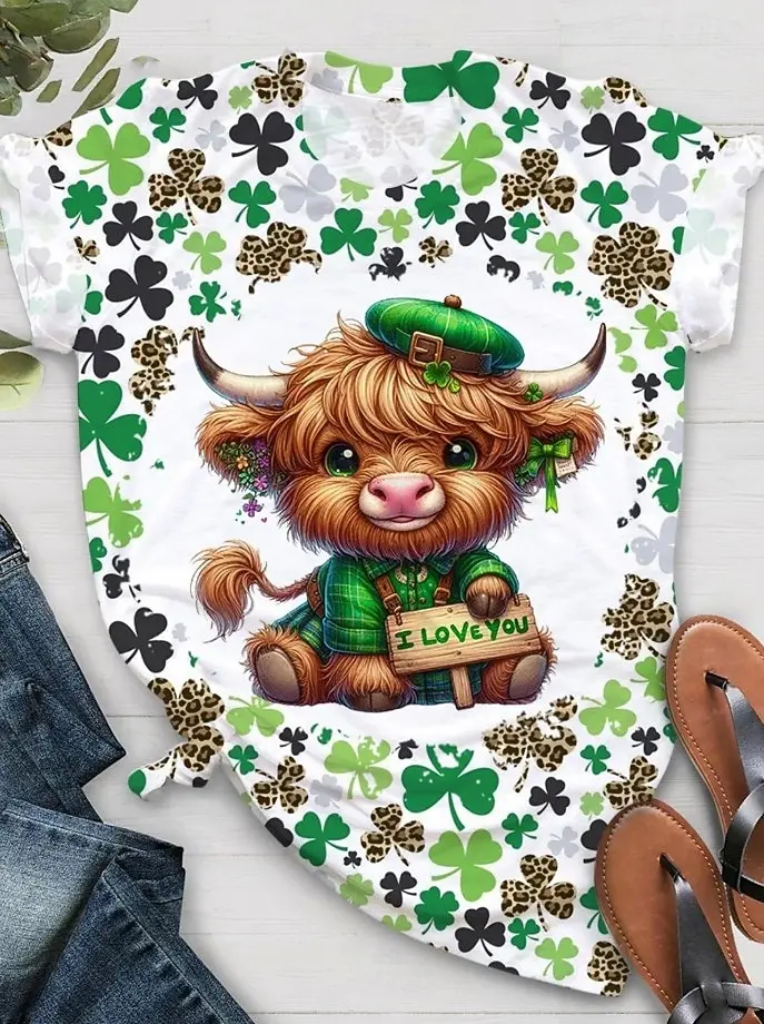 St.Patrick’s Day Women's T-shirt Green Lucky Clover Cute Animal 3D Print Crew Neck Outdoor Short Sleeve Tops Women Clothing