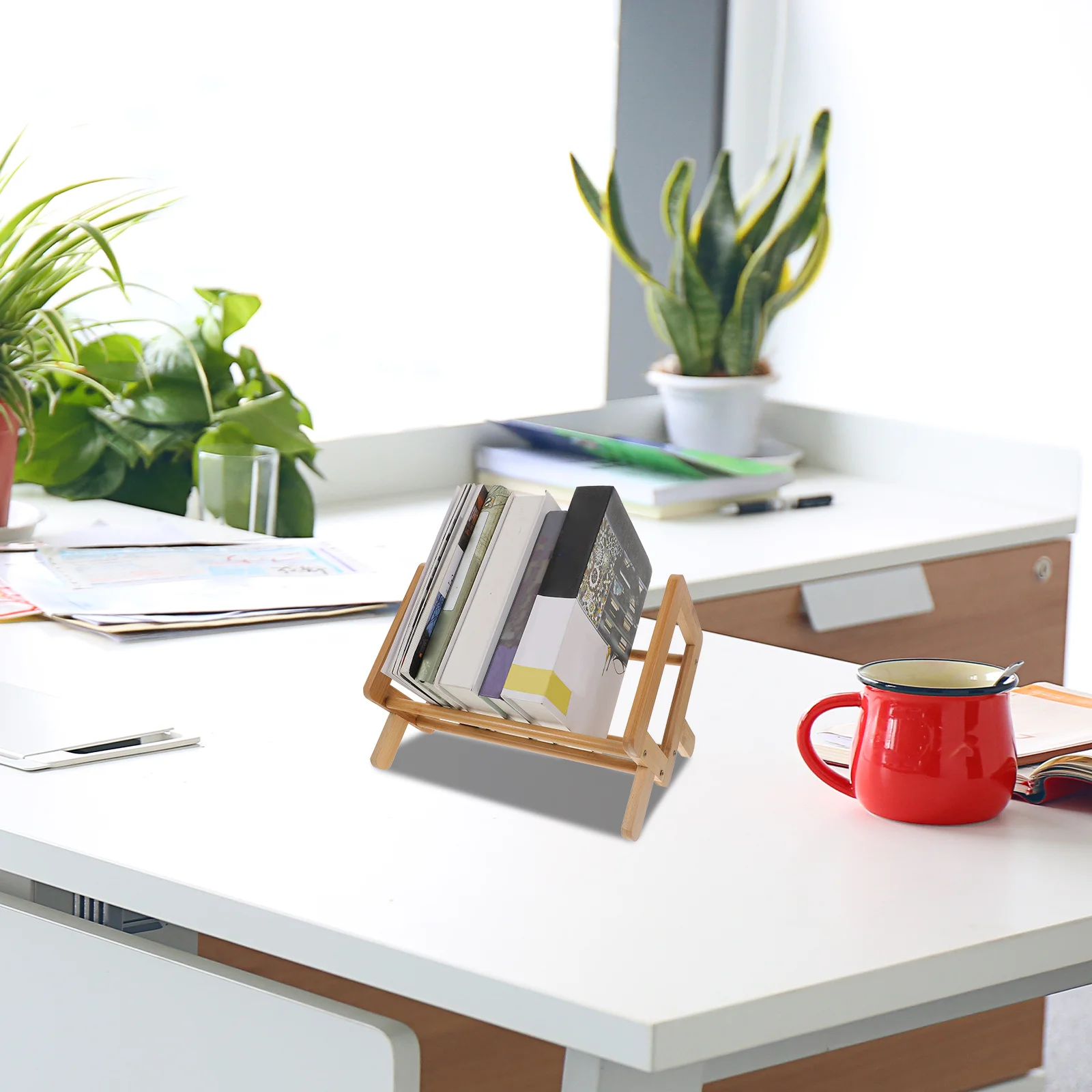Book Storage Bookshelf Display Rack for Desk Bamboo and Wood Bookcase Desktop