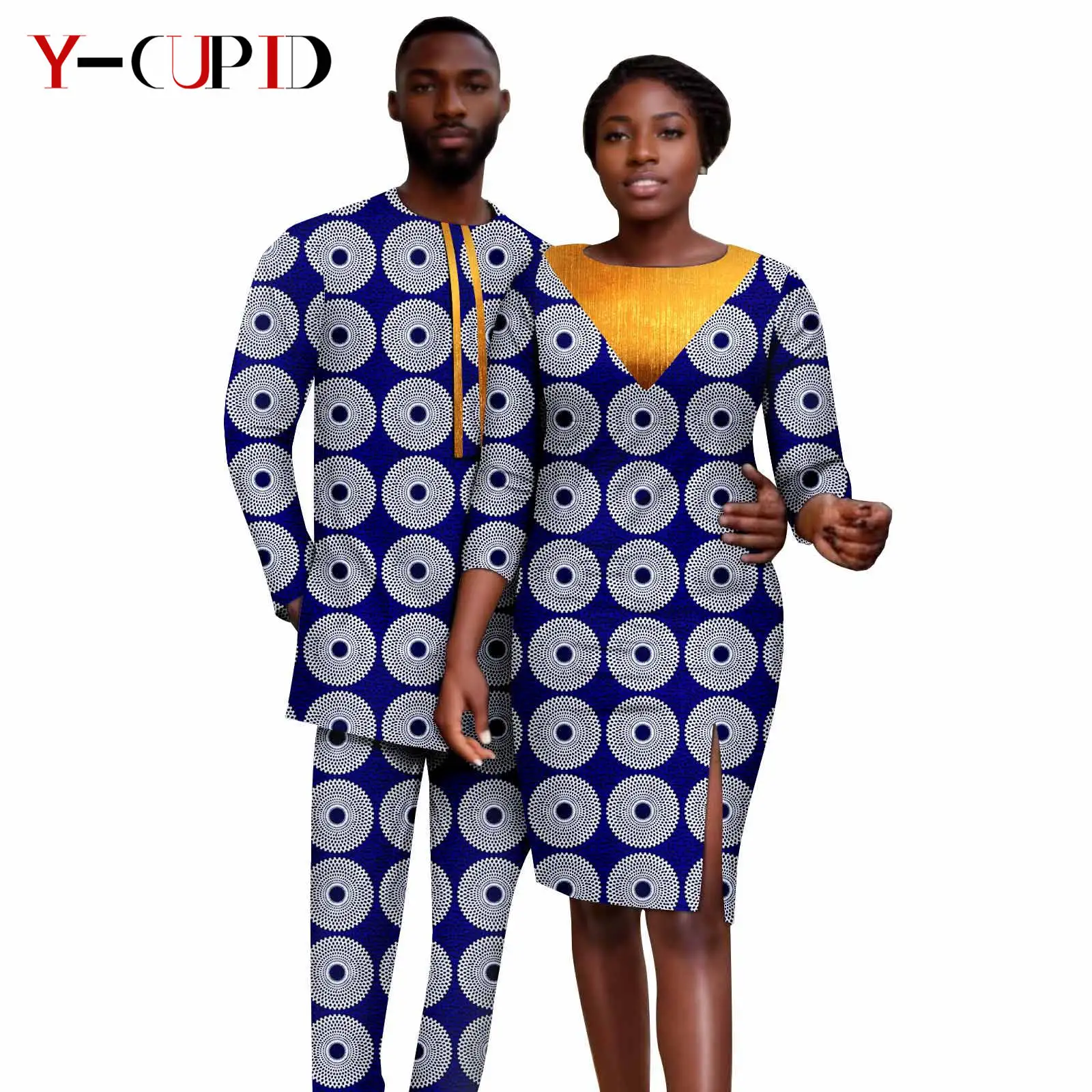 

African Print Bright Silk Dresses for Women Matching Couple Outfits Dashiki Men Top and Pant Sets Bazin Riche Party Wear24C047