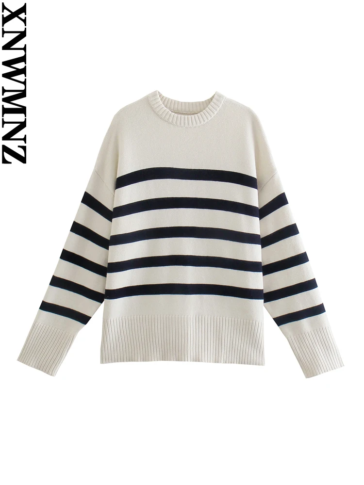 XNWMNZ Women\'s Fashion 2023 Autumn/Winter Stripe Sweater Women O Neck Long Sleeve Side Split Loose Versatile Female Pullover