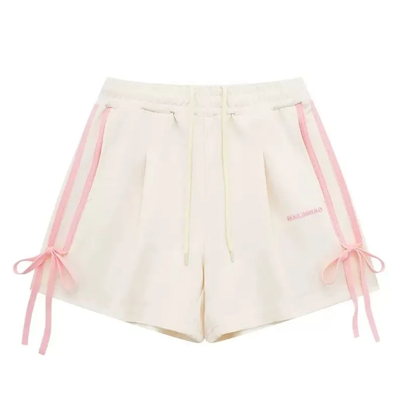 Sweet Contrast Color Bow Lace-up Striped High Waist Shorts Women Y2k Summer Preppy Style Casual Bandage Short Pants Letter