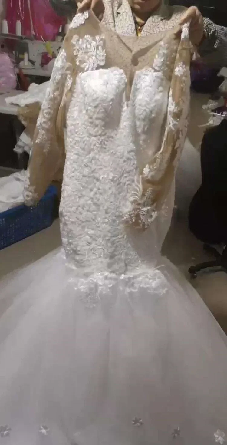 Suknia ślubna syrena z długimi rękawami, zdobiona błyszczącymi aplikacjami 3D, koralikami, w stylu afrykańskim, vintage, rustykalnym, z możliwością personalizacji.