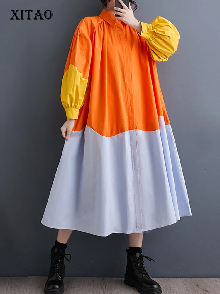 

XITAO Patchwork Contrast Color A-line Dress Pleated Lantern Sleeve Casual Single Breasted 2024 Spring Women New Dress DMJ3851