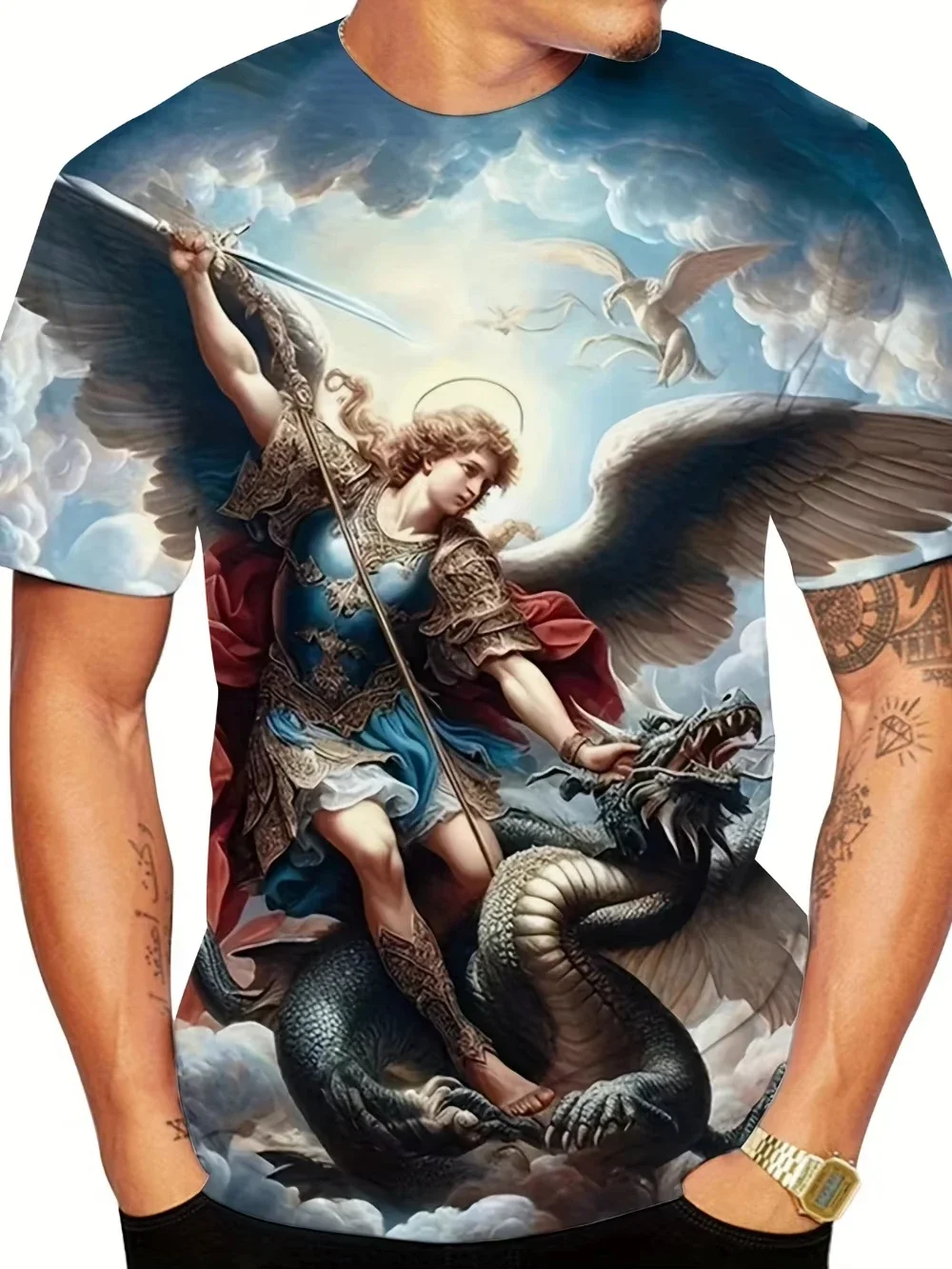 3D Men's Pattern T-shirt Angel Print Round Neck Short-sleeved T-Shirt Light Breathable And Comfortable Sports And Casual Wear