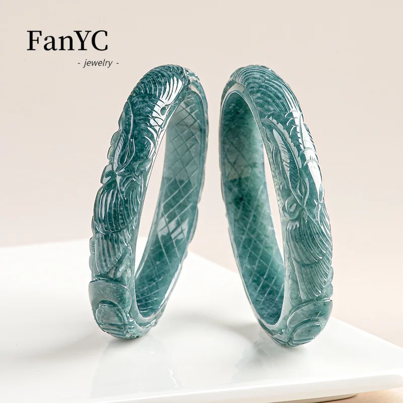 

Myanmar A-goods Jadeite Blue Water Phoenix Bangle Three-dimensional Carving Exquisite Luxury Ice Jade Cufflinks Ladies Gift