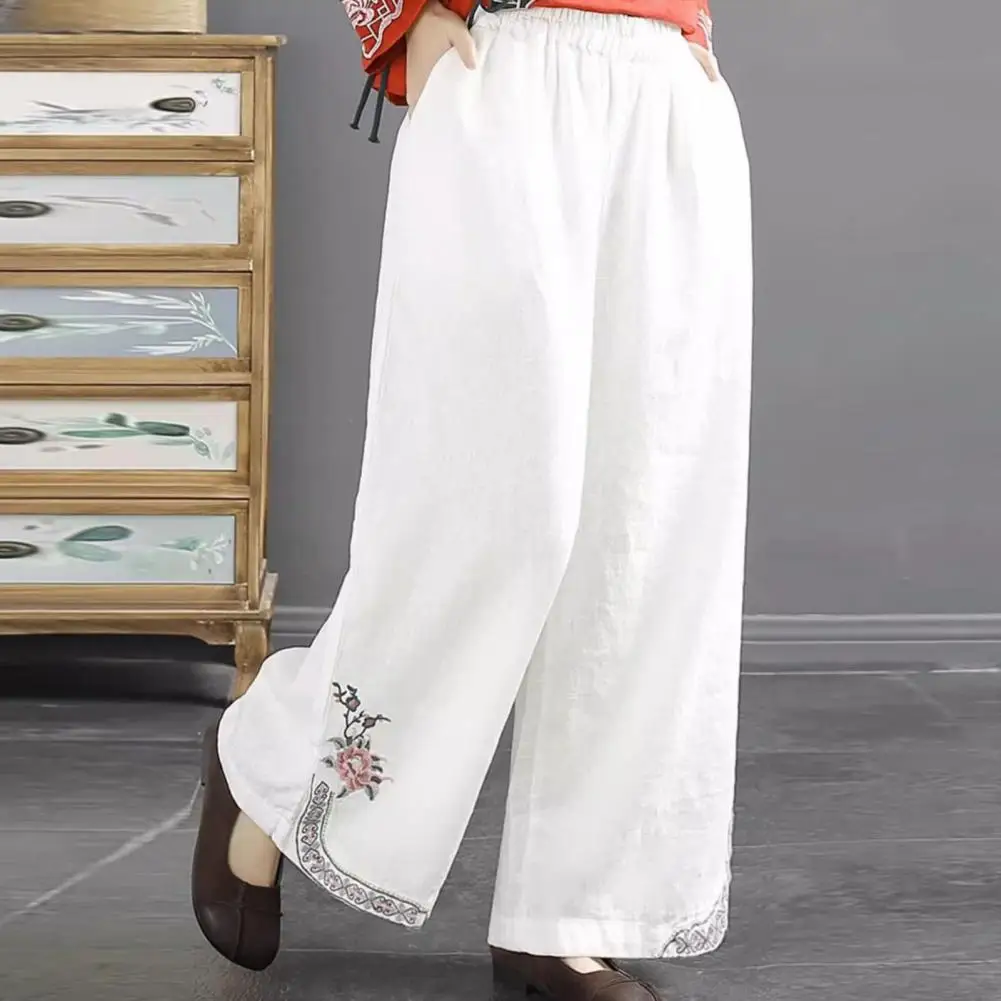 

Elastic Waist Pants Wide-leg Pants Chinese Style Wide Leg Trousers with Pockets for Women Elastic Waist Retro Pants Loose Fit