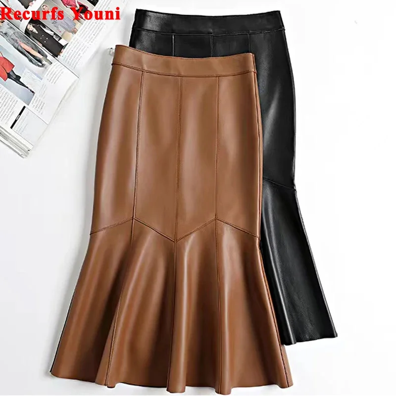 

Elegant Women Fishtail Skirt Winter Dress Female Genuine Leather All-match Brown Wrap Jupe Mujer 70 cm Long Pleated Falda Negra