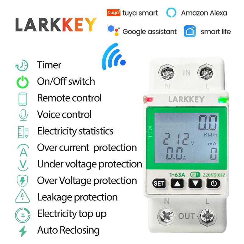 

TUYA WiFi Smart Circuit Beaker AC 63A Leakage Voltage Protection Relay Switch Auto Reclosing Energy Power kWh for Smart Life