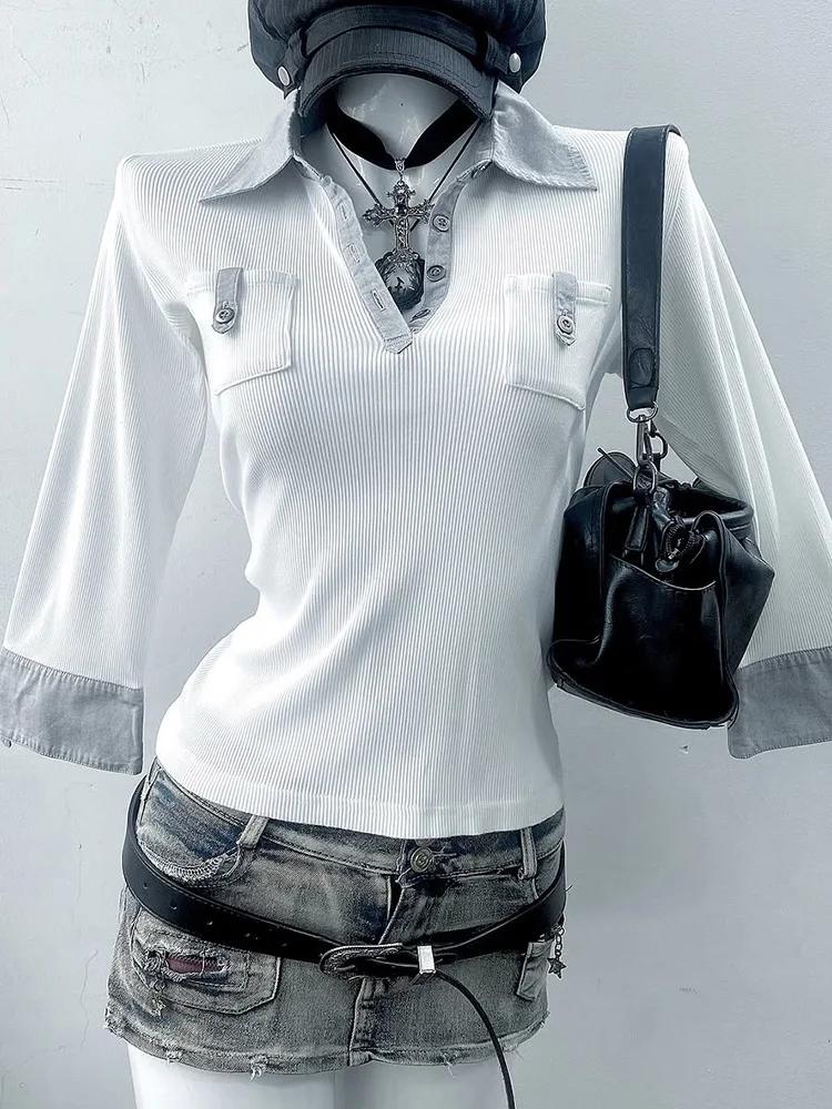 오리지널 패셔너블 브이넥 니트웨어 여성용 긴 소매 슬림 핏 탑 빈티지 스타일 캐주얼웨어 코튼 블렌드 가을 신상품