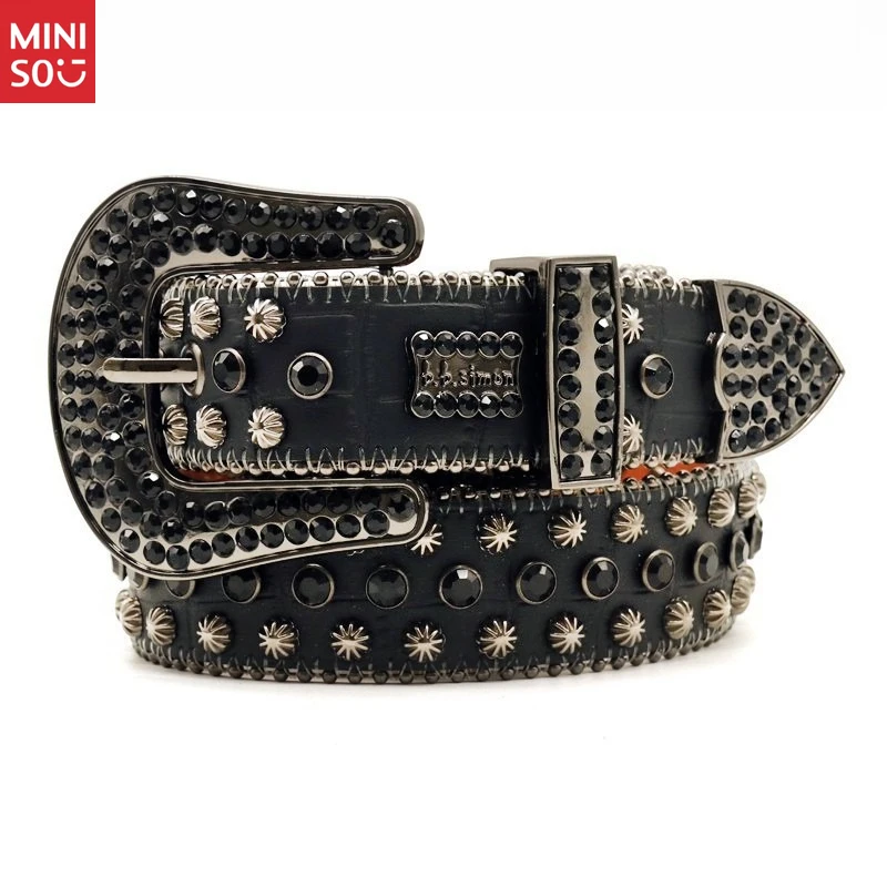 

Miniso Men's Studded Rhinestone Belt, Alloy Buckle Punk Waistband, Dark Hip Hop Style