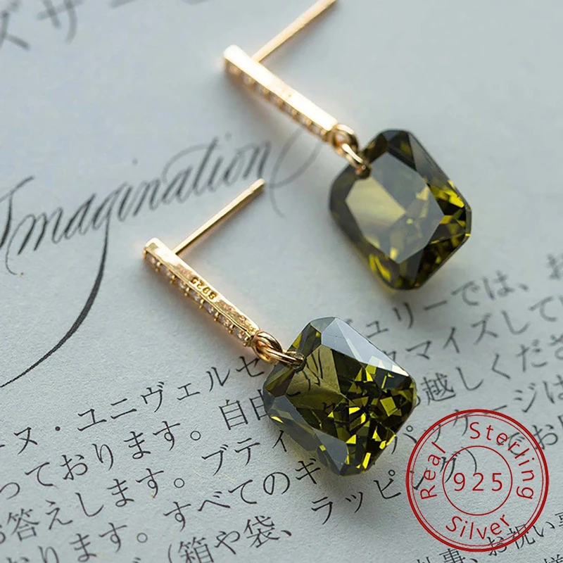 Ohrstecker aus 925er-Sterlingsilber, quadratischer Zirkon, Vintage-Stil, olivgrün, für Damen, Jahrestag, Party, hochwertiger Schmuck – Detail 1