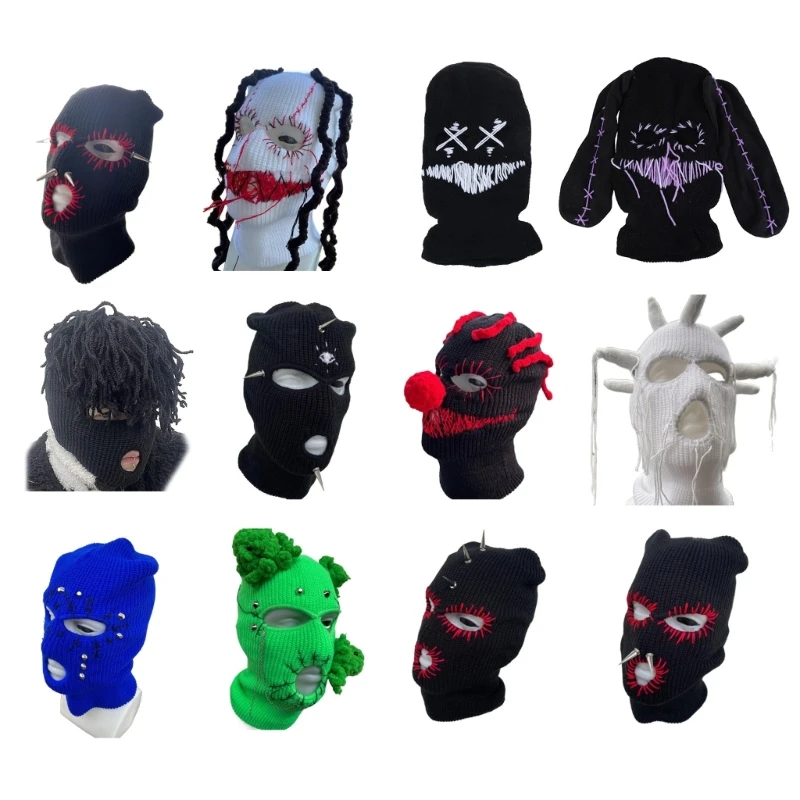 Devil Horn Halloween Knitted Hat Beanies Warm Full Face Cover Ski Mask Hat Windproof Balaclava Hat for Men Womens