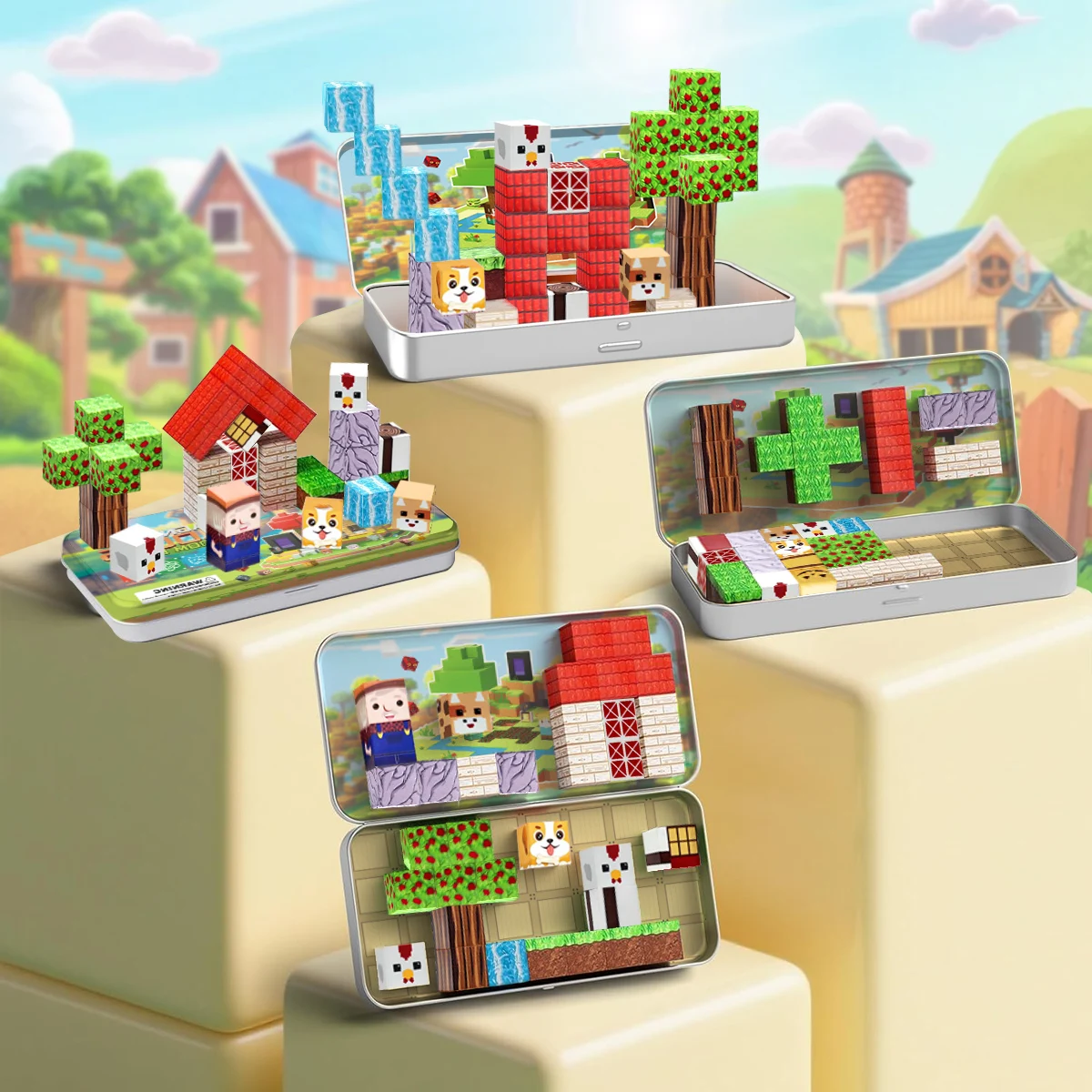 35 قطعة اللبنات المغناطيسية مجموعة المزرعة لعمر 3 + DIY نموذج الأطفال الجذعية لعبة حسية تعليمية مع صندوق حديد