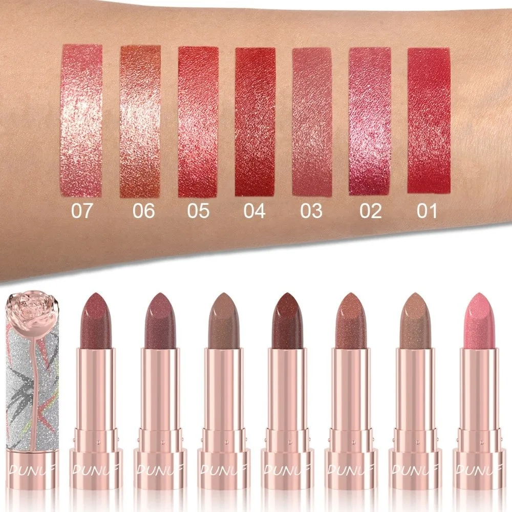 New 7 Colors Metallic Lipstick Floral Embossed Pearl Pink Shimmer Lip Glaze Long Lasting Pearlescent Glitter Lip Tint Women