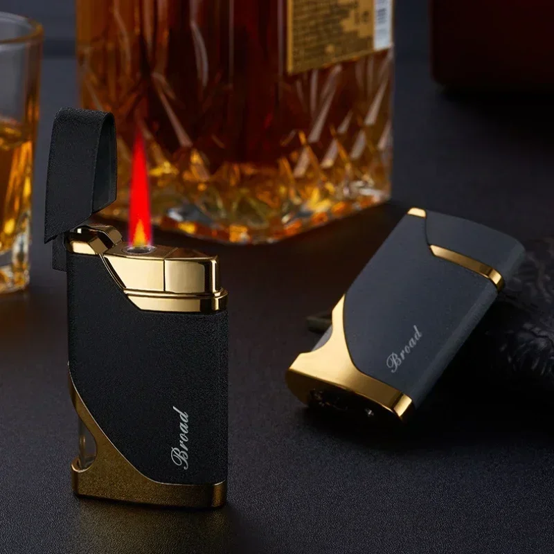 Metal Windproof Butane Gas Lighter with Transparent Gas Window, Refillable, Turbo Torch for Cigar, Red Flame Personalized Design