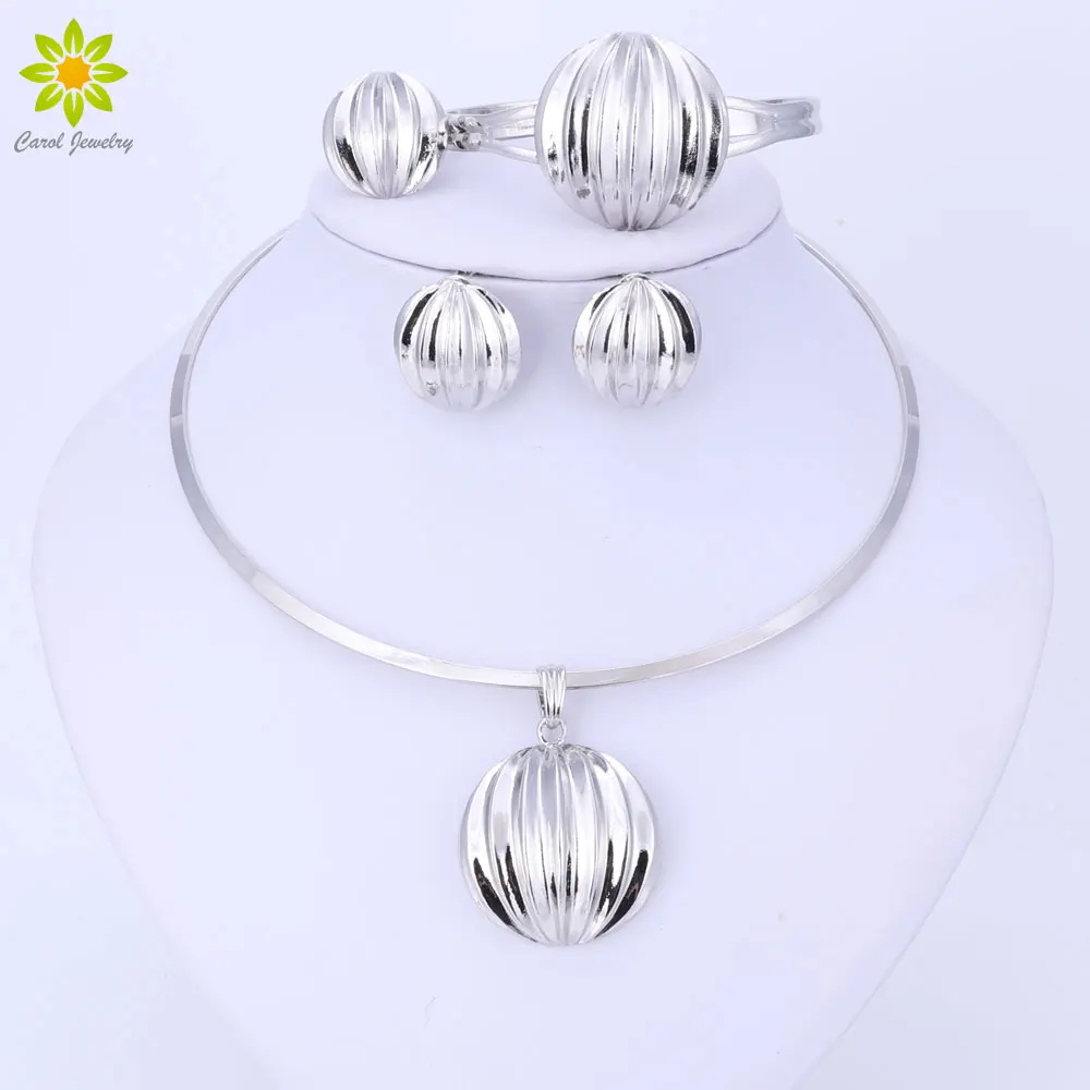 Dubai Jewelry Set Ball Pendant Necklace Earrings Bracelet Ring Silver Color Jewelry Set Women\'s Wedding Accessories