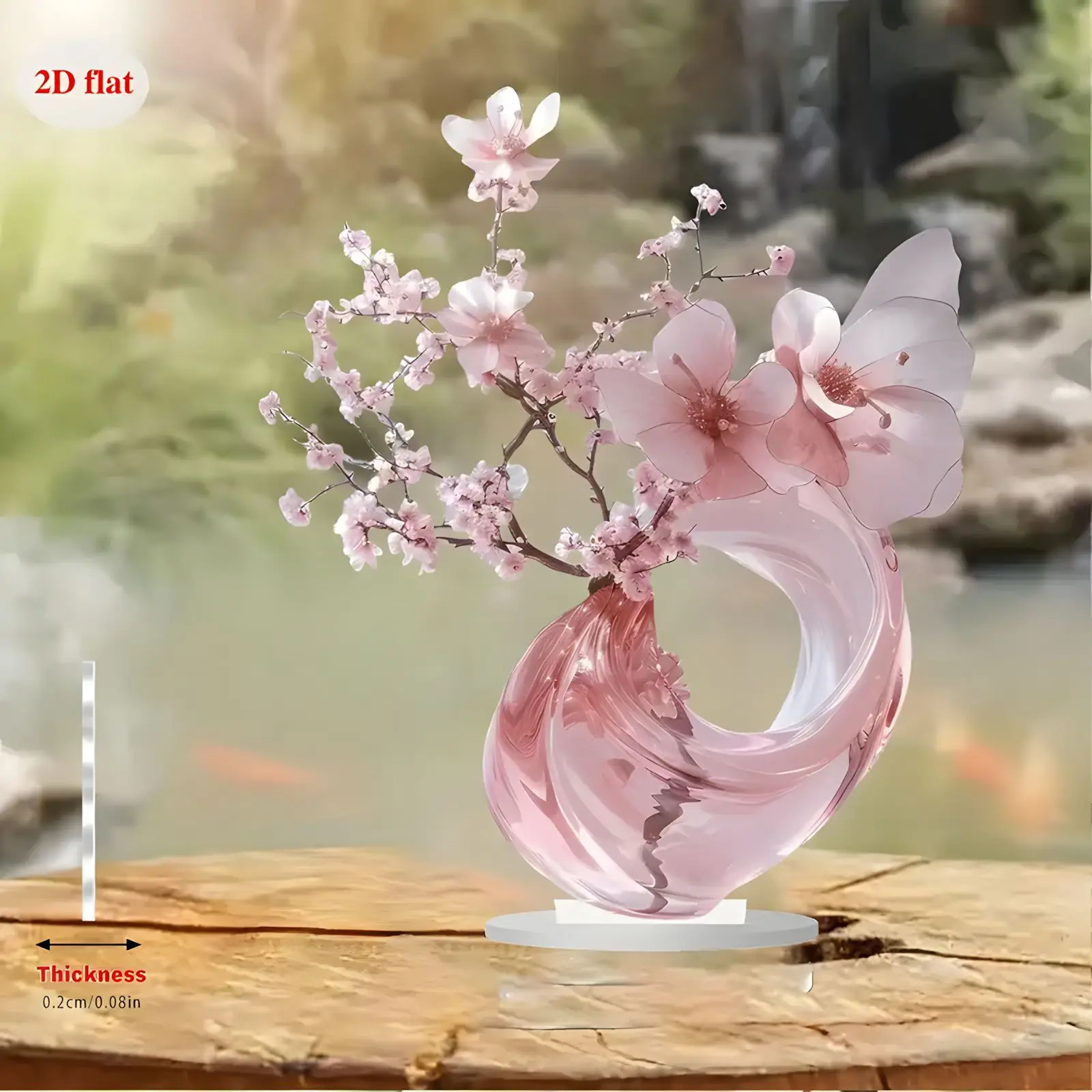 1PC Pink Cherry Blossoms 2D Flat Acrylic Figurine Home Office Cafe Room Studio Display Case Table Ornament Desktop Decor Kit
