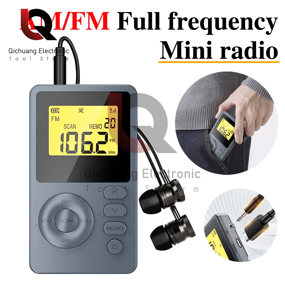 5 in 1 Radio Mini Pocket Radio Receiver Portable Radios Full Band AM FM Rechargeble Sleep Time Earphone For Walkman Go Hiking