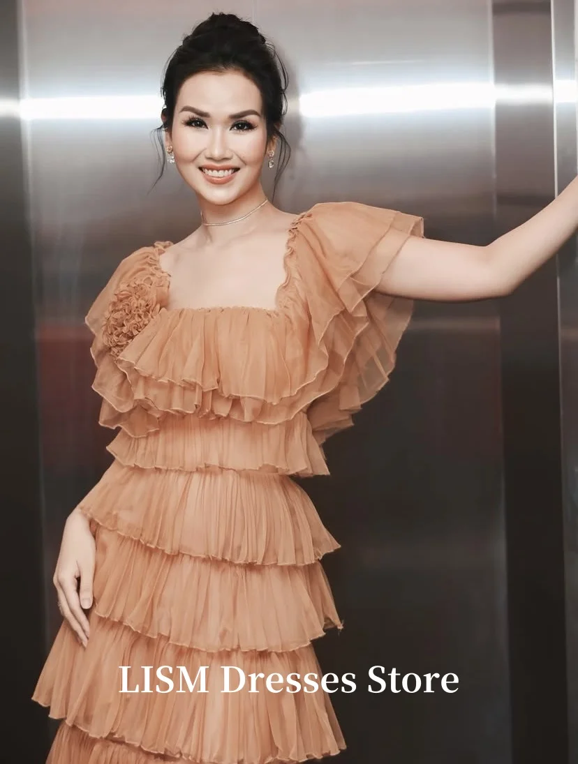 LISM-vestidos de Noche acampanados con cuello cuadrado, vestidos largos elegantes de tul de seda para graduación, bata de noche personalizada de manga corta