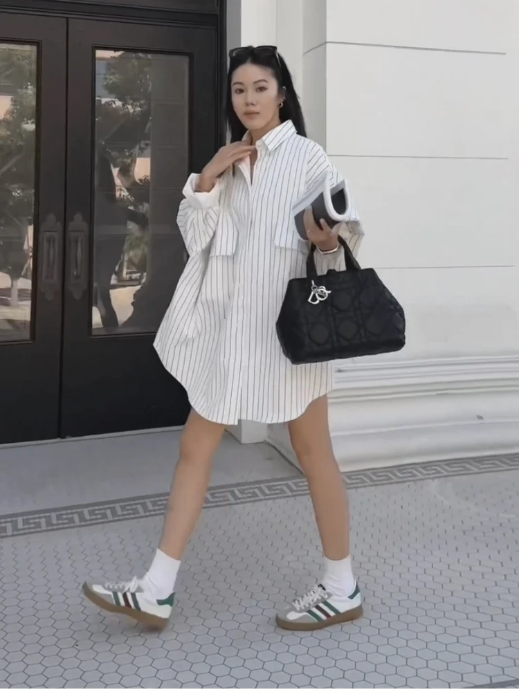 

Slimming Striped Shirt Casual Loose Long Sleeve Men's Style Mid-Length Casual Cotton Outerwear for Both Men And Women