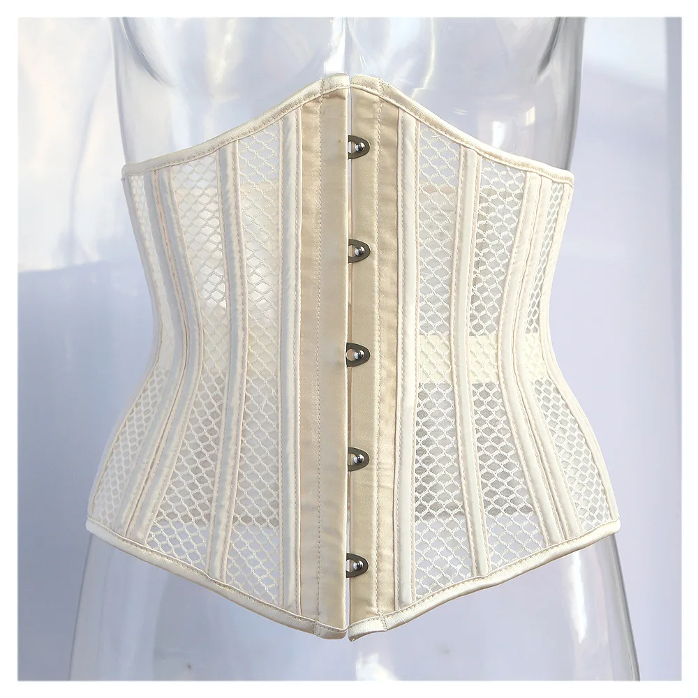 Women Corset Top Beige Breathable Mesh Steel Bones Bustier Gothic Vintage Underbust  Basques Body Shaper Sliming Waist Trainer