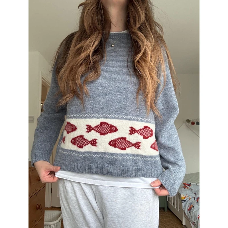 

Combhasaki Women Autumn Winter Y2K Aesthetic Fish Embroidery Contrast Color Sweater Round Neck Long Sleeve Knitwear Pullover Top