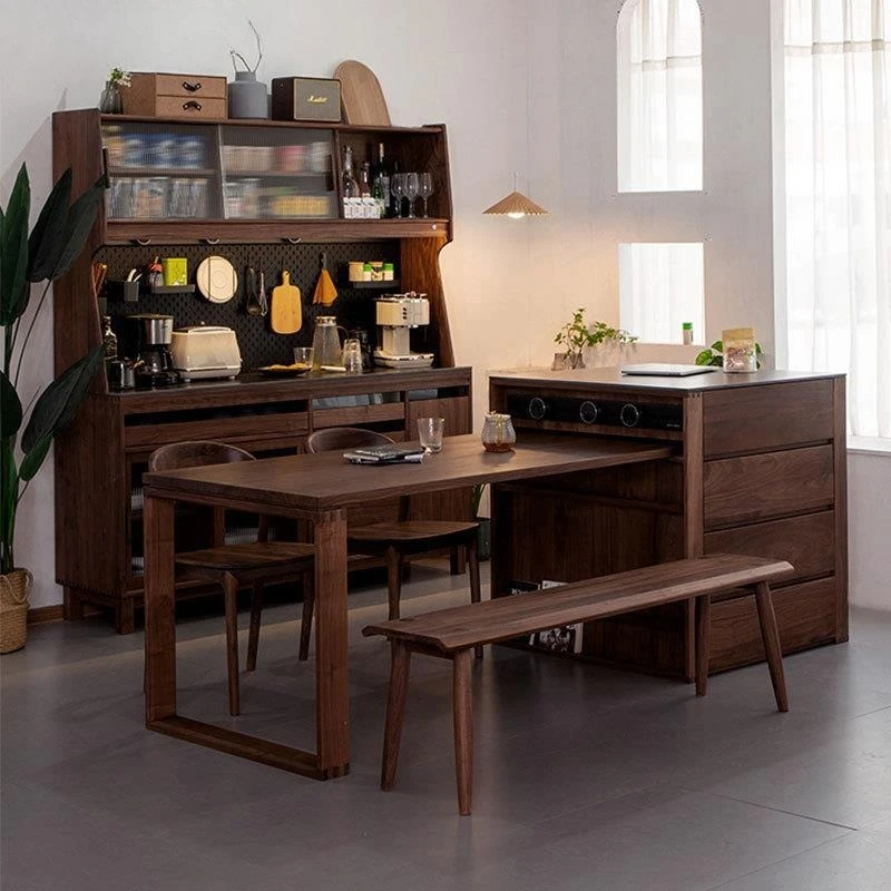 Black walnut solid wood island, dining table integrated retractable rock slab cave slab
