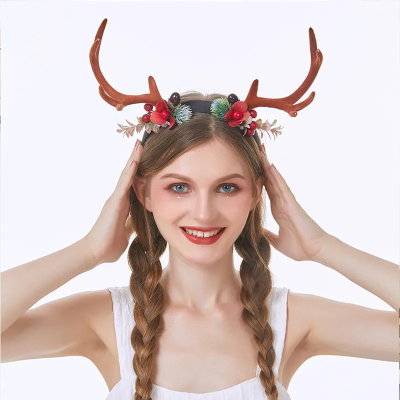 

Christmas Branch Antler Headband Artificial Polyester Flower Hairband Girl's Favorite Holiday Party Hair Accessory