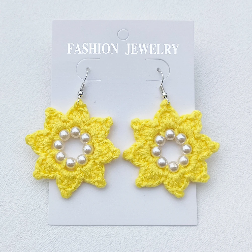 Pearl Sunflower Earrings for Women Crochet Fashion Flower Drop Accessories Boho Girls Party Holiday Jewelry image 4